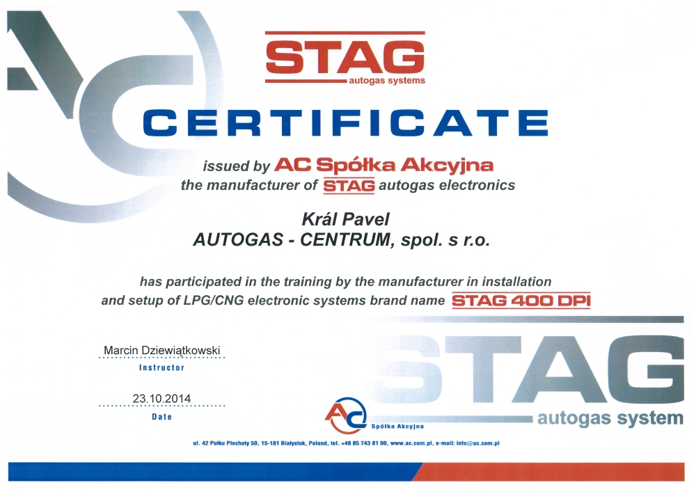 Certifikát AC STAG 400 DPI Král Pavel